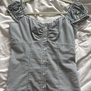 Hollister Black & White Striped Puff Sleeve Button-Front Top